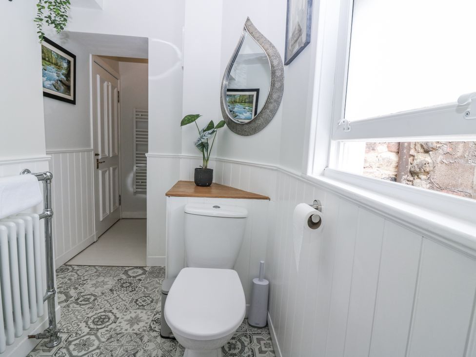 A bathroom with a toilet and mirror featuring a plant at 11A High Street in Jedburgh