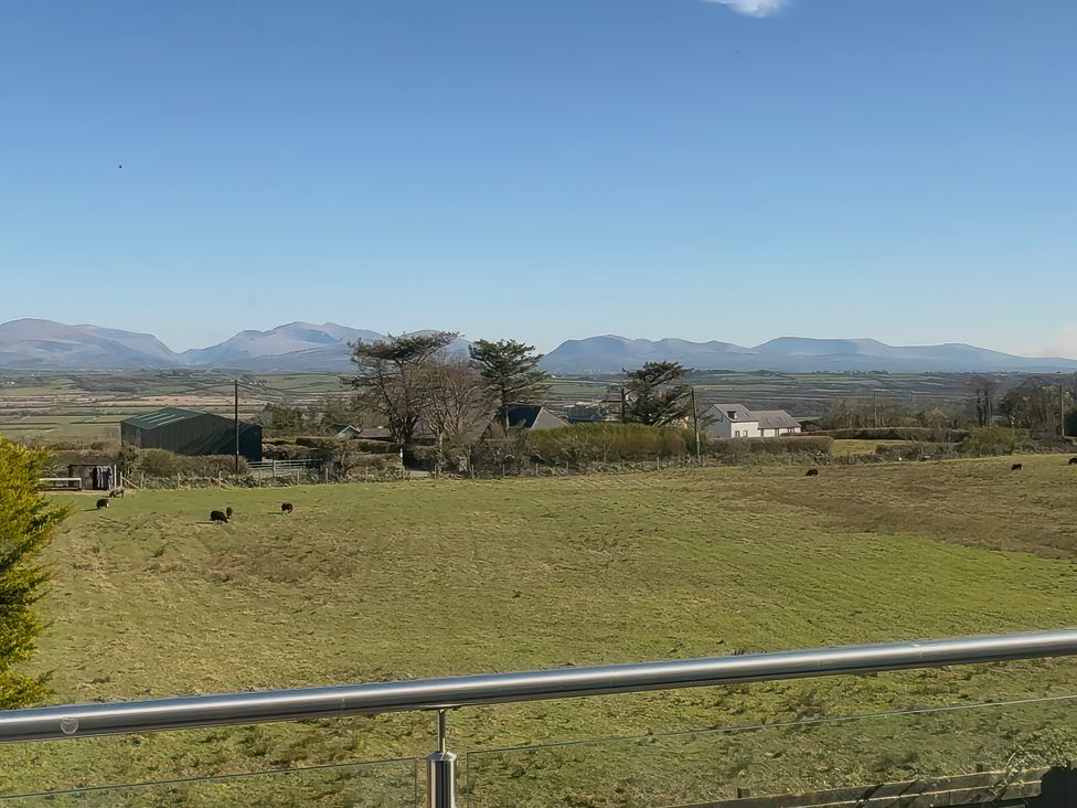 A view of mountains and a field with cows at 15 Llys Tegeirian Llangristiolus near Llangefni