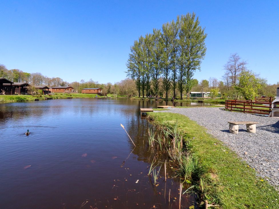 A lake surrounded by trees and cabins at Lakeview Lodge Forton near Garstang