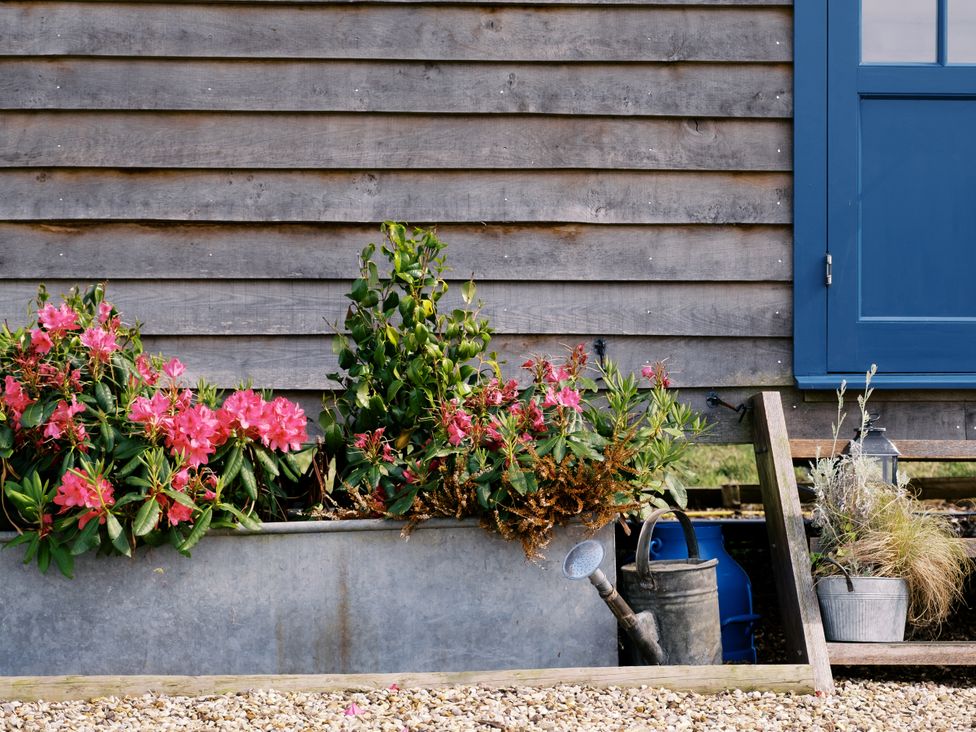 A wooden wall with flowers and a blue door at Lillie's Shepherds Hut at Shepherds Lodge Retreat and Wellness in Bottesford near Redmile and Vale of Belvoir