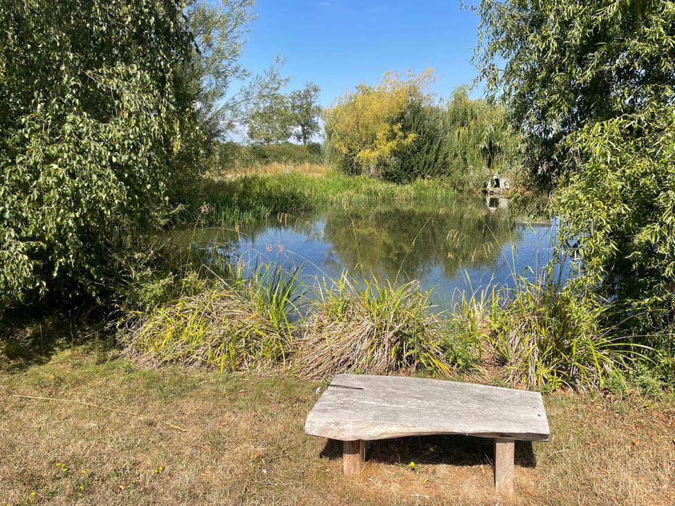 A bench by a pond surrounded by grass and trees at Lillie's Shepherds Hut at Shepherds Lodge Retreat and Wellness Bottesford near Redmile and Vale of Belvoir