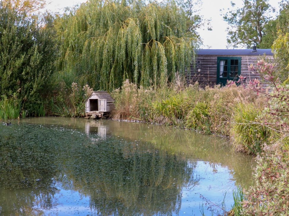 A pond with a wooden structure and a willow tree at Herbie's Shepherds Hut at Shepherds Lodge Retreat and Wellness Bottesford near Redmile and Vale of Belvoir