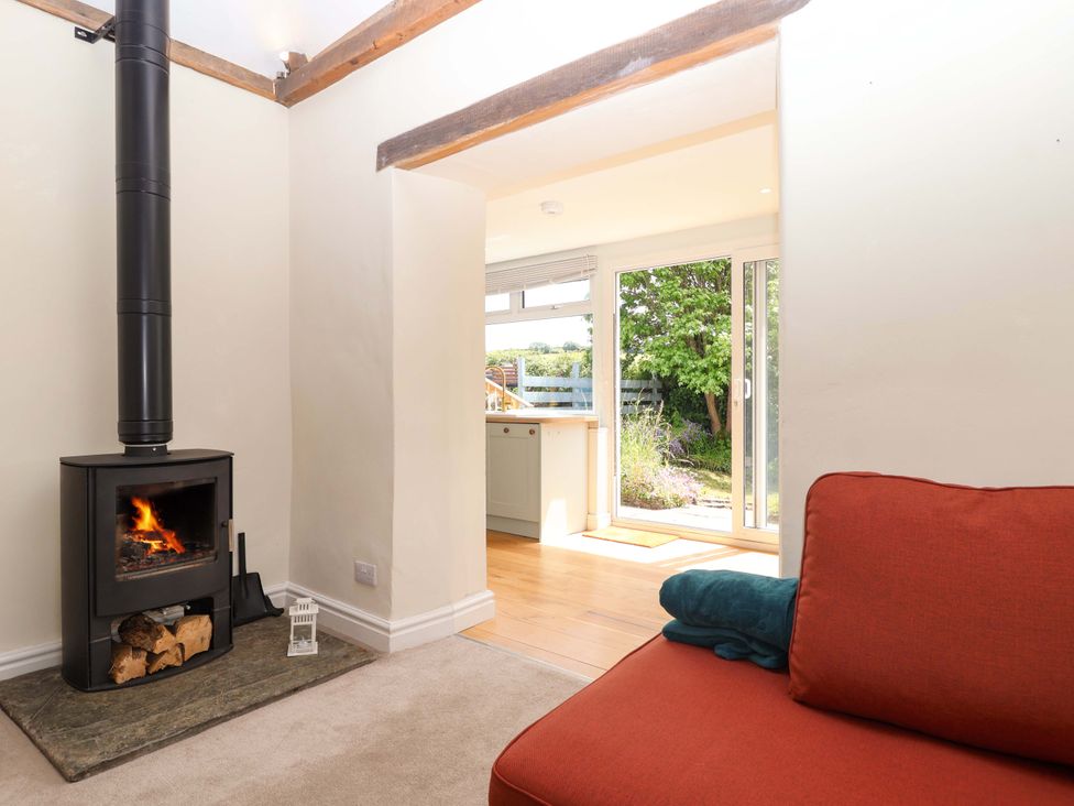 A living room with a stove and a view of the garden at Walnut Major in Kingsbridge