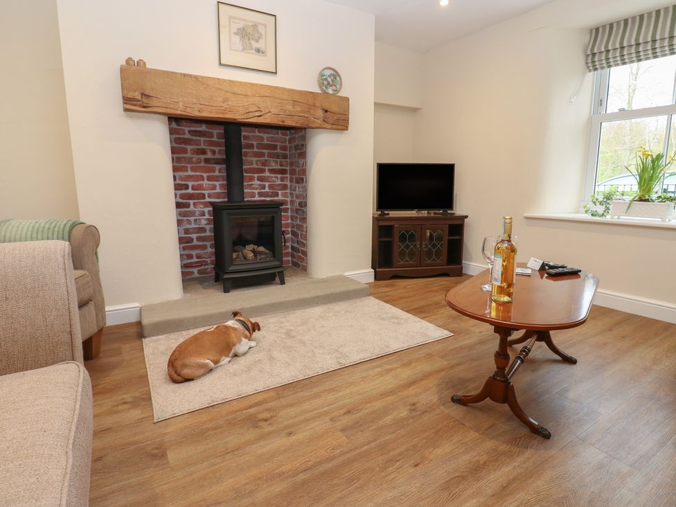 A living room with a fireplace and a television at 1 Brookside Warcop