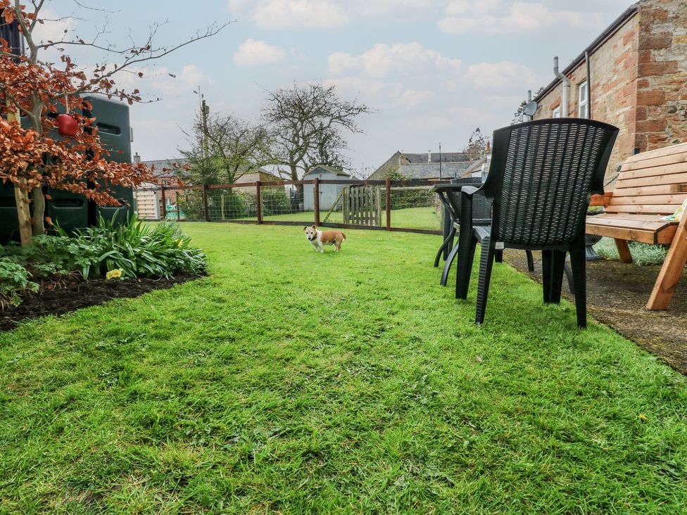 A garden with a dog on grass at 1 Brookside in Warcop
