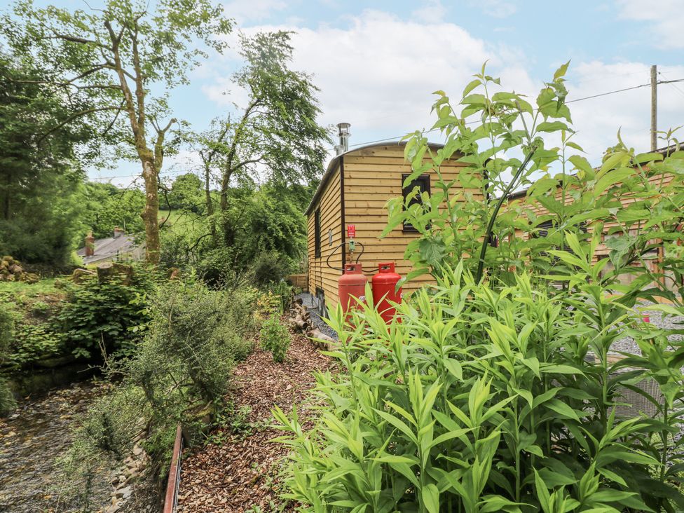 An outdoor view of a wooden cabin with gas canisters and plants at The Hamper in Felingwm near Carmarthen