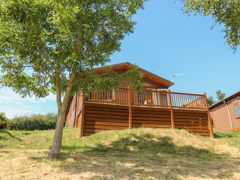 A wooden lodge with a deck and tree at Finnbars Lodge Richmond