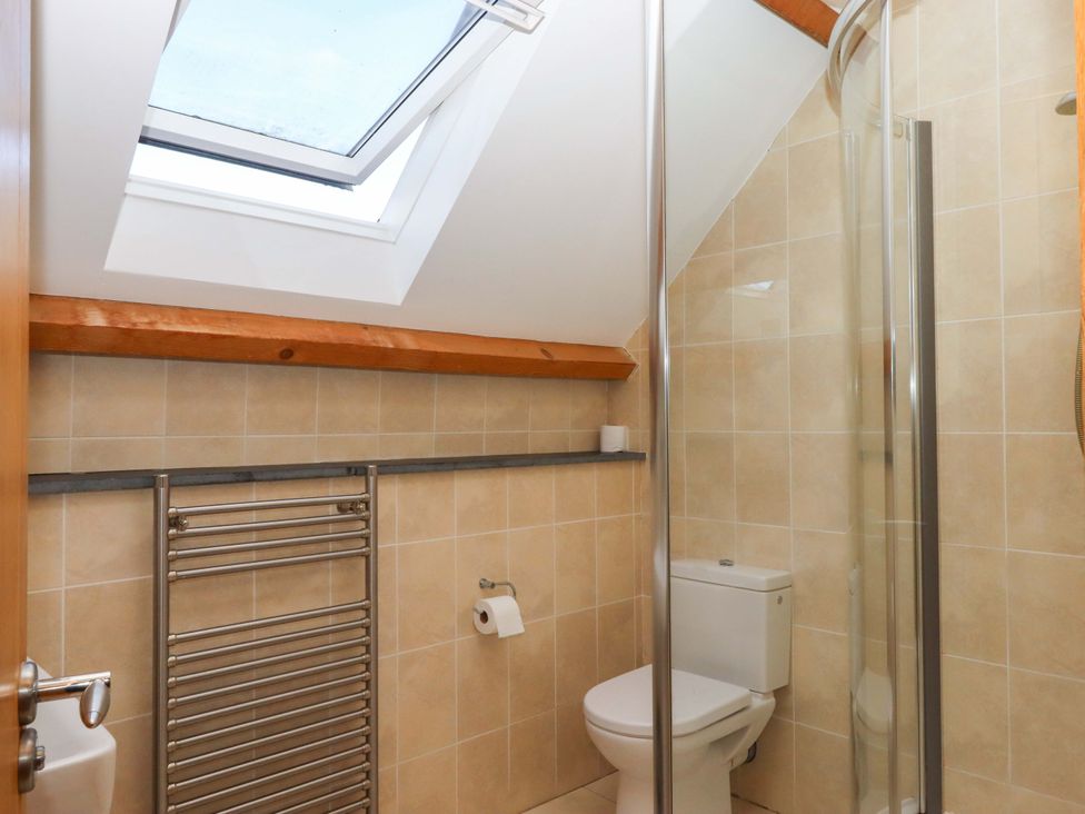 A bathroom with a shower and toilet at Swallows Reach Halwell