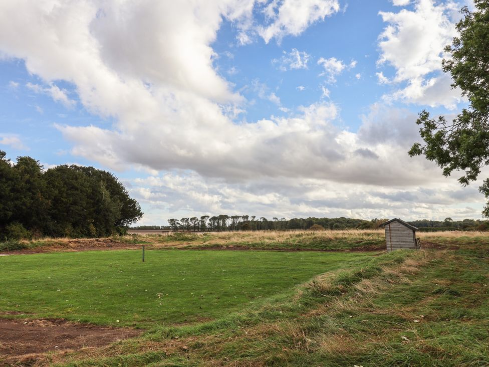 An outdoor area with a shed and trees at Courtenay House in Harpham near Nafferton