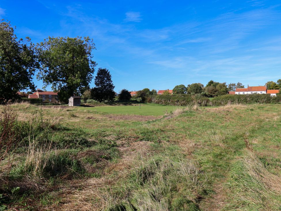 A grassy area with trees and a shed at Harpham Manor House in Nafferton