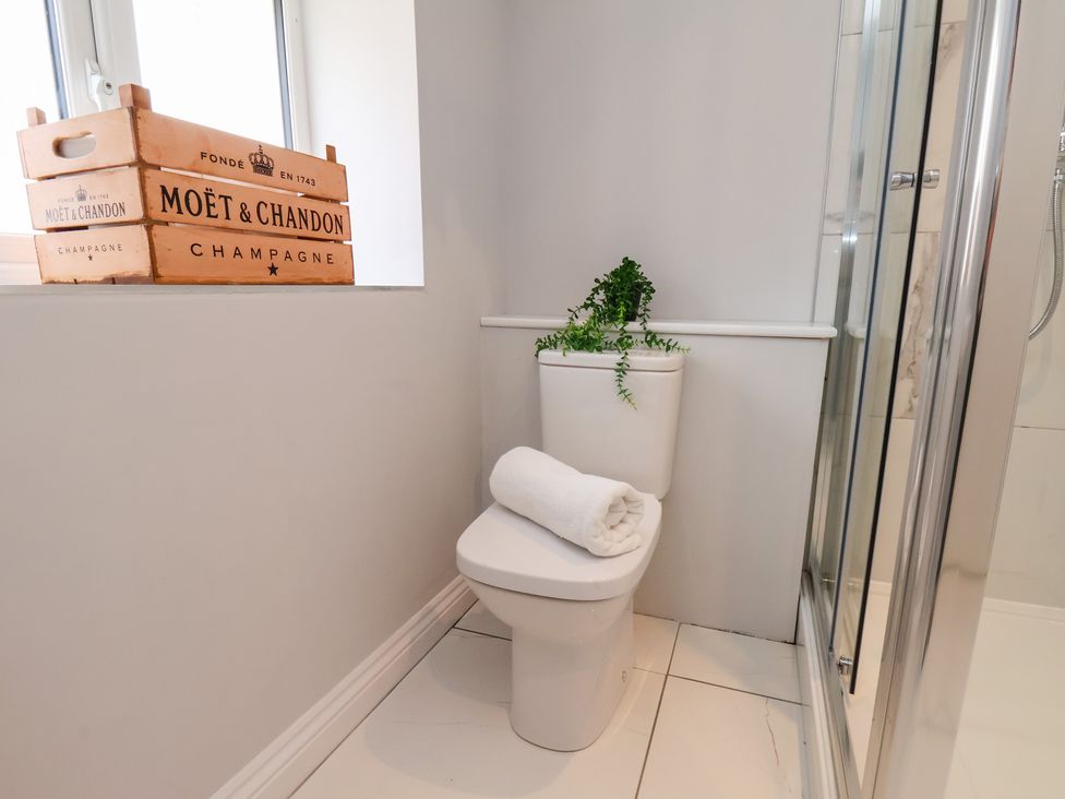 A bathroom featuring a toilet and a shower at Manor Cottage in Harpham near Nafferton