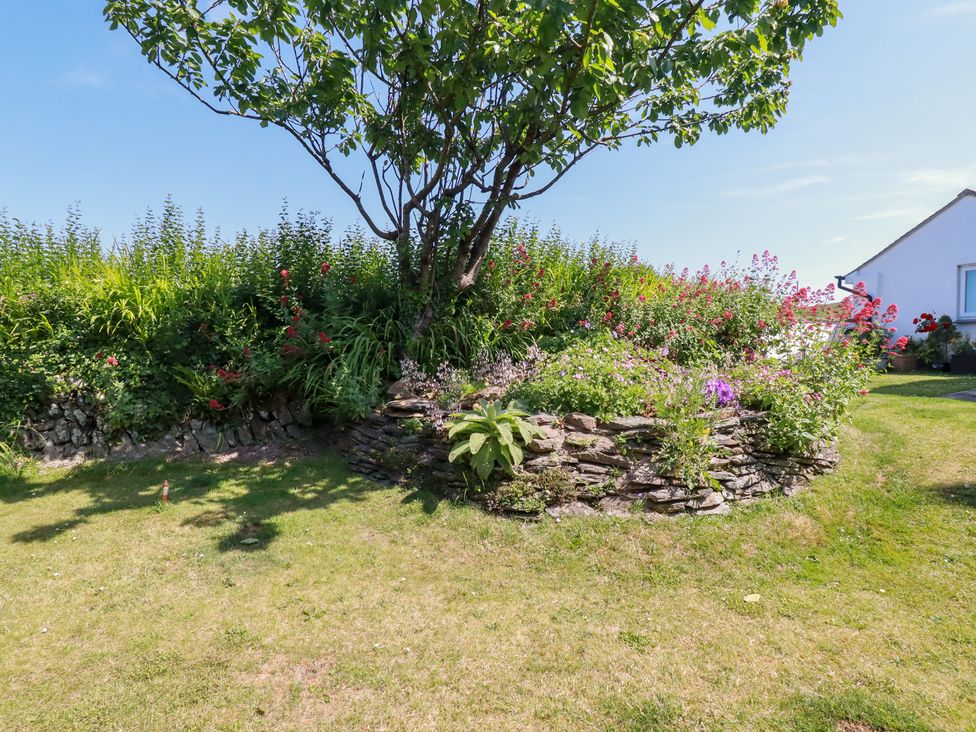 A garden with a flower bed and a tree at Bramble Cottage in Gwithian near Connor Downs