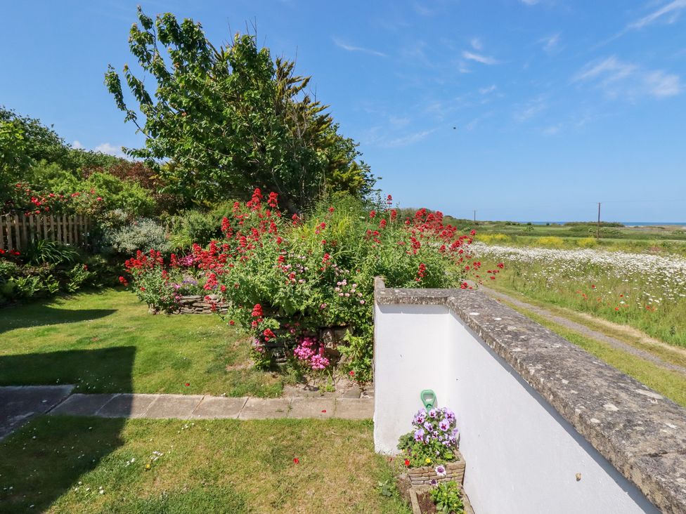 A garden with flowers and a pathway at Bramble Cottage in Gwithian near Connor Downs