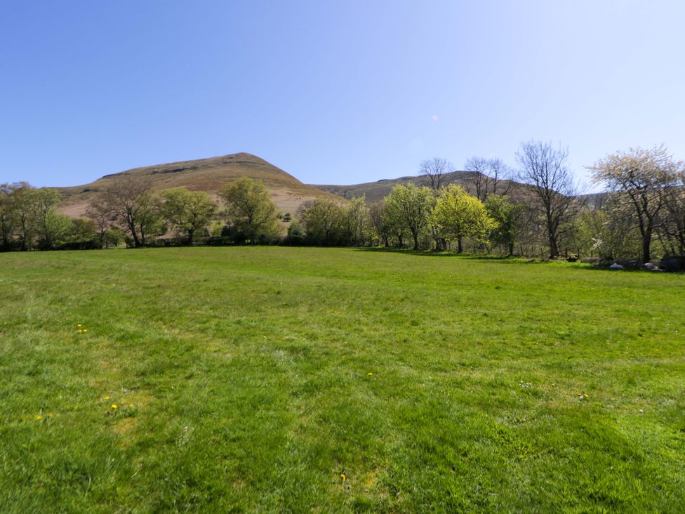 A field with grass and trees near a mountain at Bill’s Shepherds Hut near Talgarth