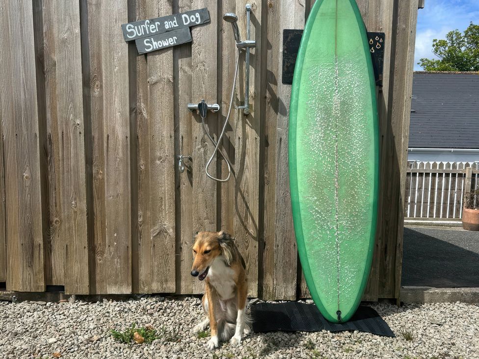 An outdoor shower with a surfboard and a dog at The Packing House Rosudgeon