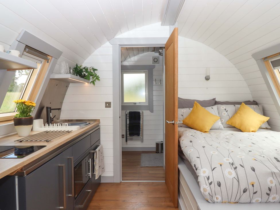 A living room with a bed and kitchen area at Under Oak Pod in Totnes