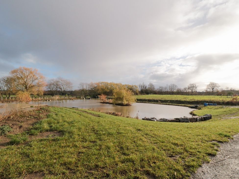 A pond surrounded by grass and trees at Lodge 4 in Stockton-on-Tees