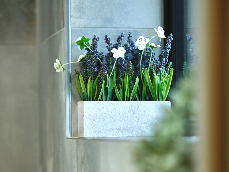 A planter with flowers on a wall at Havendale in Chesterfield