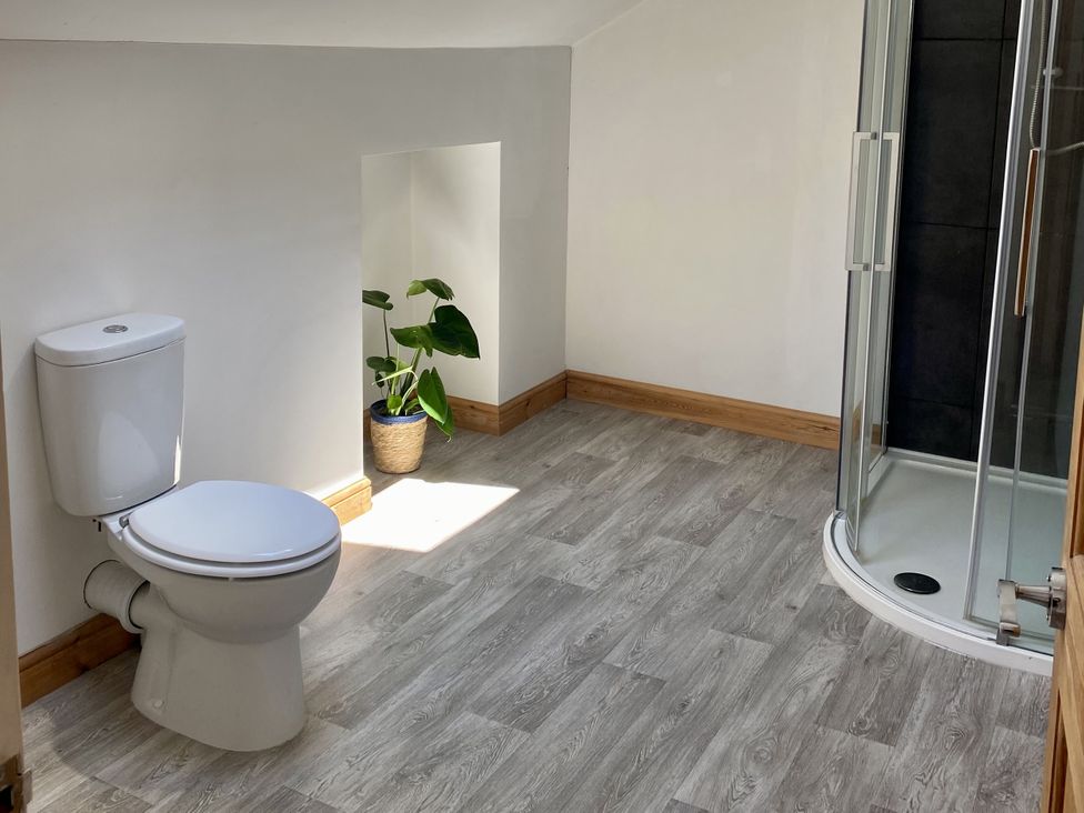 A bathroom featuring a toilet and a shower at Old Forge Apartment in Wolverly