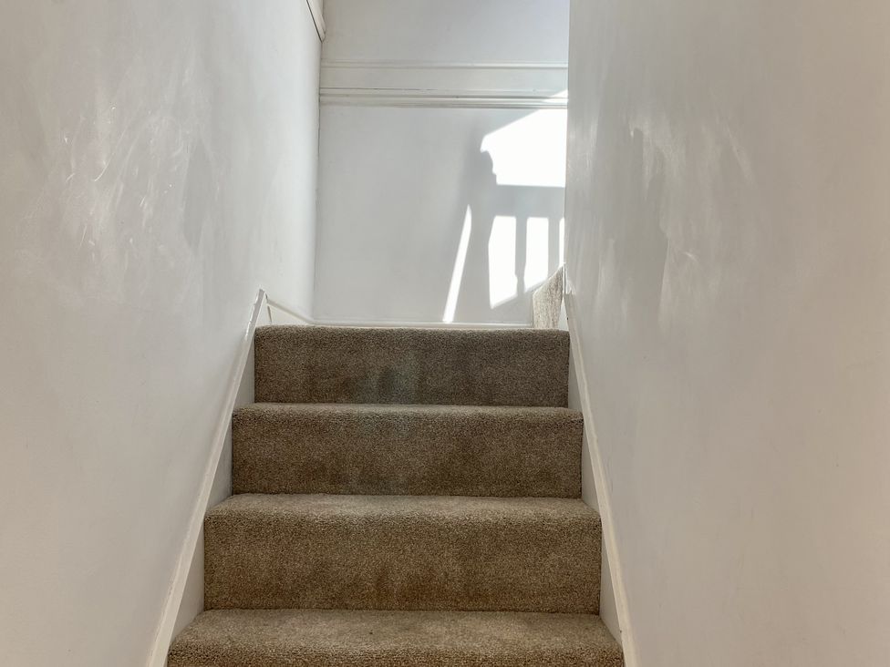 A staircase with carpet and white walls at Old Forge Apartment in Wolverly