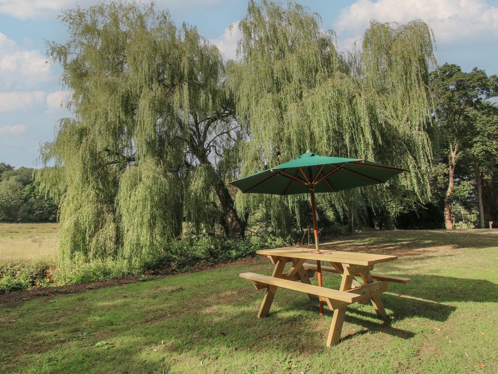 A picnic table with an umbrella under a willow tree at Old Forge Apartment Cookley