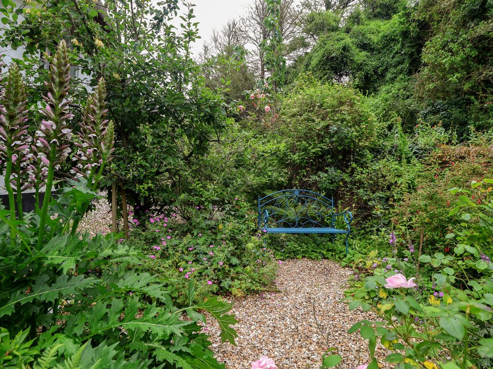 A garden with a bench surrounded by plants at 3 Cumberland Cottages in Ringmore