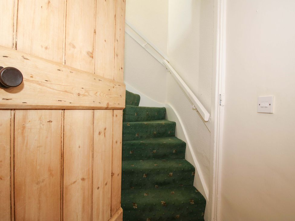 A staircase with green carpet and wooden door at Shepherd's Cottage Eudon Burnell near Bridgnorth