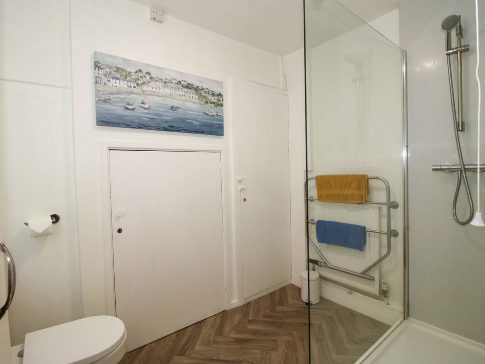 A bathroom with a shower and toilet at Shepherd's Cottage Eudon Burnell near Bridgnorth
