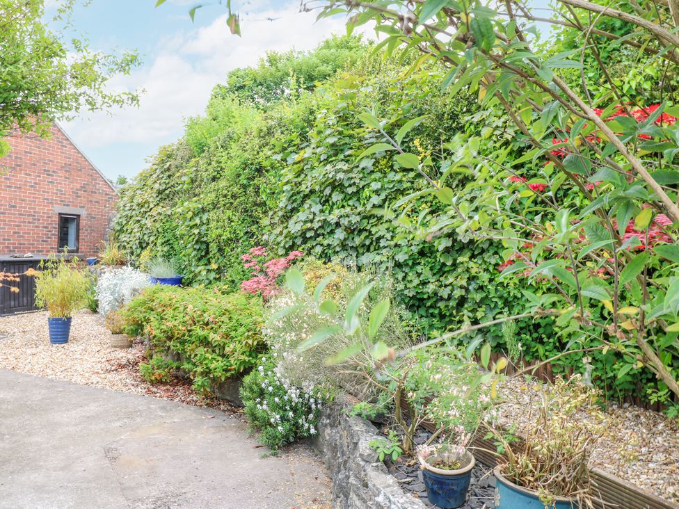 A garden with shrubs potted plants and a brick house in the background at Corner Cottage in Ashbourne