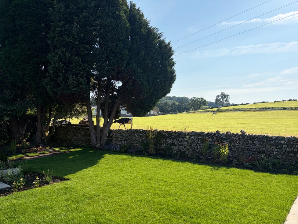 A garden with grass, trees, and a stone wall at Cross Winds, Clapham