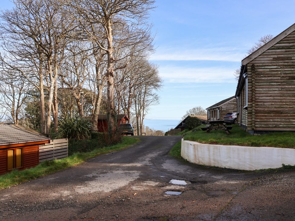 An outdoor view with cabins and trees at Castle View Lodge Ilfracombe
