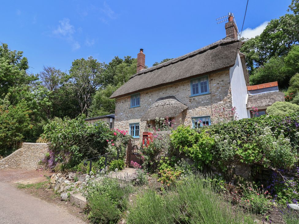 A cottage with a thatched roof surrounded by a garden at Upper Cottage in Rocombe near Uplyme