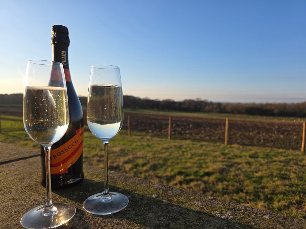 Two champagne glasses and a prosecco bottle with a field in the background at Daisy Cottage near Wigton