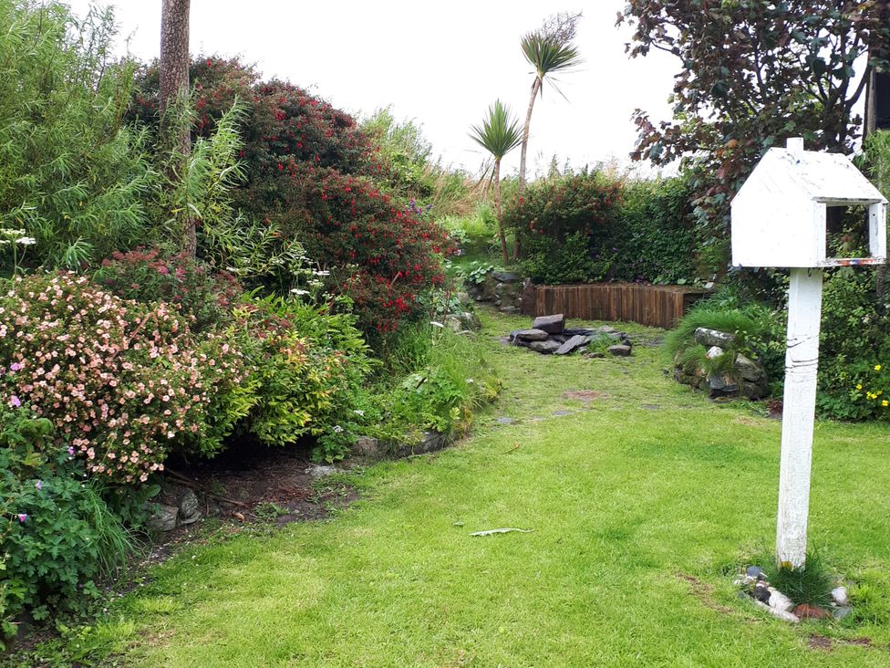 A garden with flower bushes and a pathway at Taigh Phinc in Balemore near Lochmaddy, North Uist