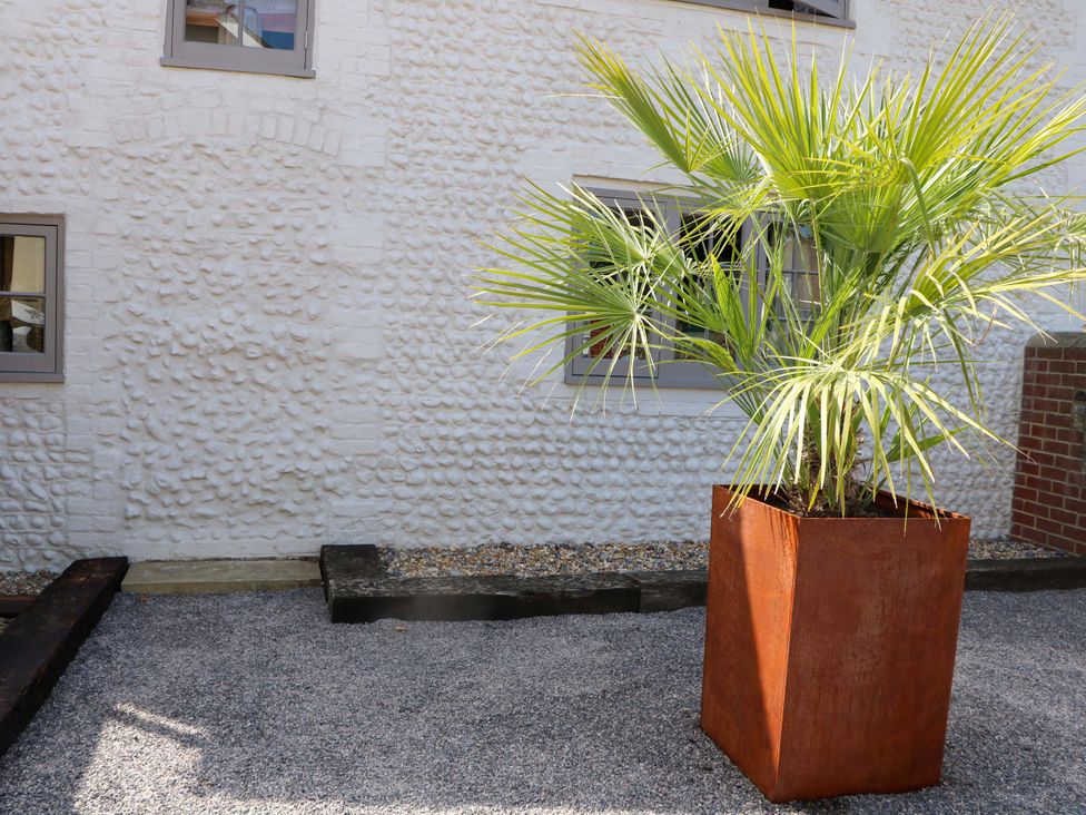 A potted plant on gravel outside a building at Spring Cottage in Arundel, West Sussex