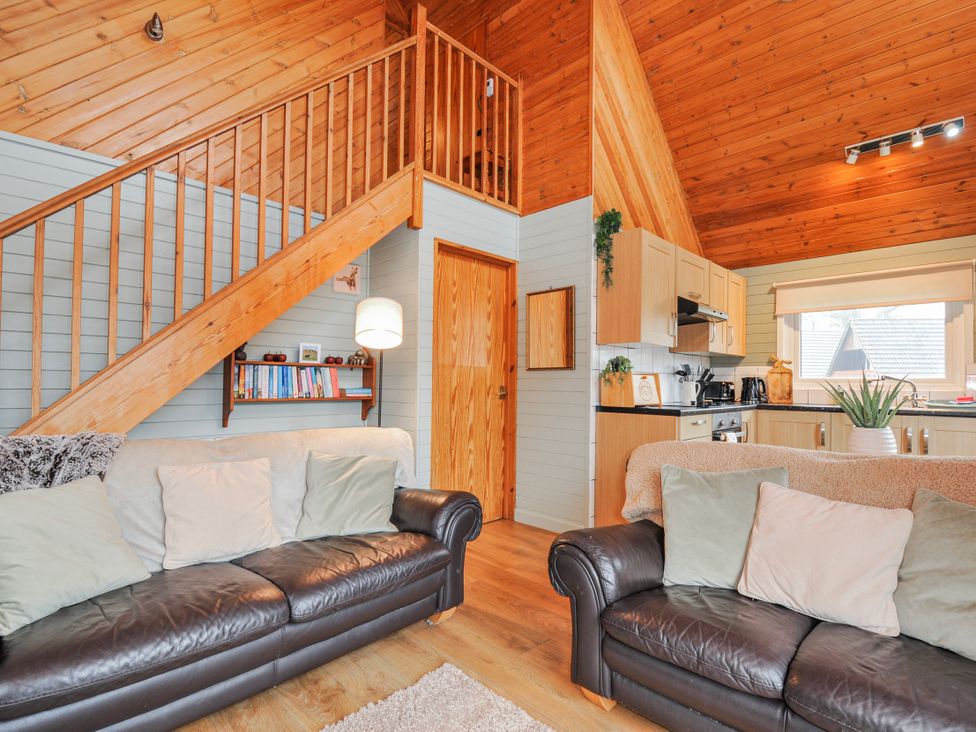 A living room with a staircase and kitchen at Cornish Woodland Retreat Near St Tudy