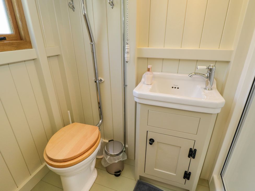 A bathroom with a toilet with a wooden seat a small sink with a soap dispenser and a trash bin near the sink at Blackthorn in South Leigh near Witney