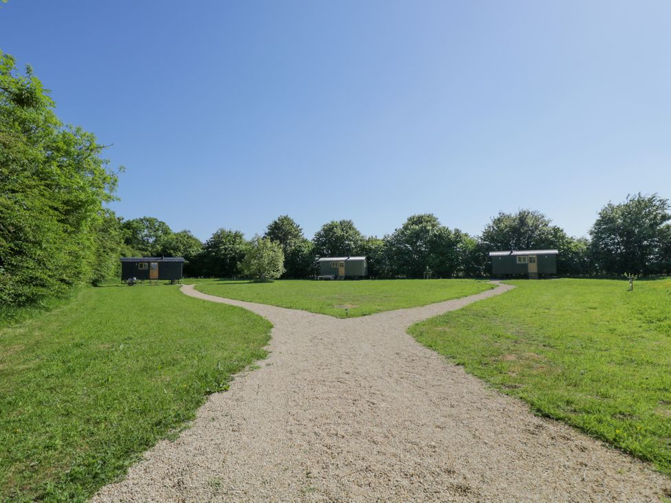 A gravel path splitting into two leading to three small cabins surrounded by grass and trees at Hazel in South Leigh near Witney
