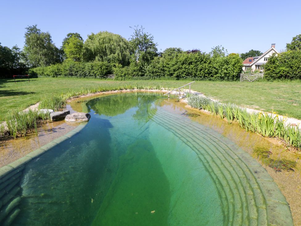 An outdoor natural swimming pool with stone steps and surrounding plants in a grassy area with trees and a house in the background at Spindle South Leigh near Witney