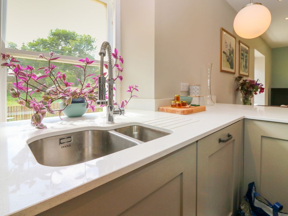 A kitchen with a sink and plant on the countertop at Ashlea in Oxton near Lauder