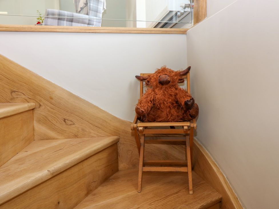 A stuffed animal on a small chair in a stairway at Ashlea in Oxton near Lauder