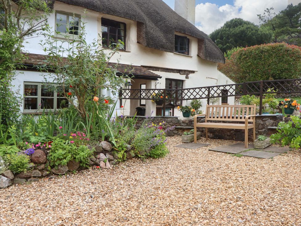 A garden with flowers and a wooden bench at 1 Myrtle Cottages in Stokeinteignhead