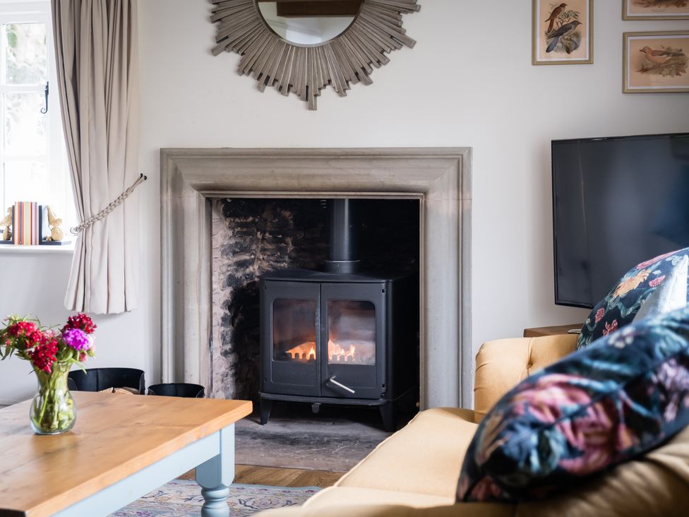 A living room with a stove and sofa at Henhouse Farm in Bodenham