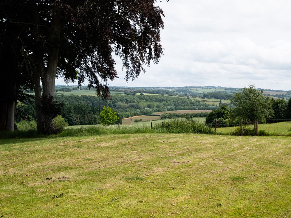 A view of a grassy field with trees and hills at Henhouse Farm in Bodenham