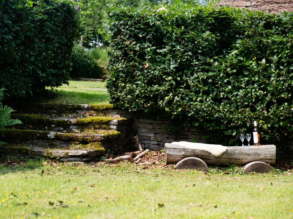 A garden with a wooden bench and drinks at Henhouse Farm in Bodenham