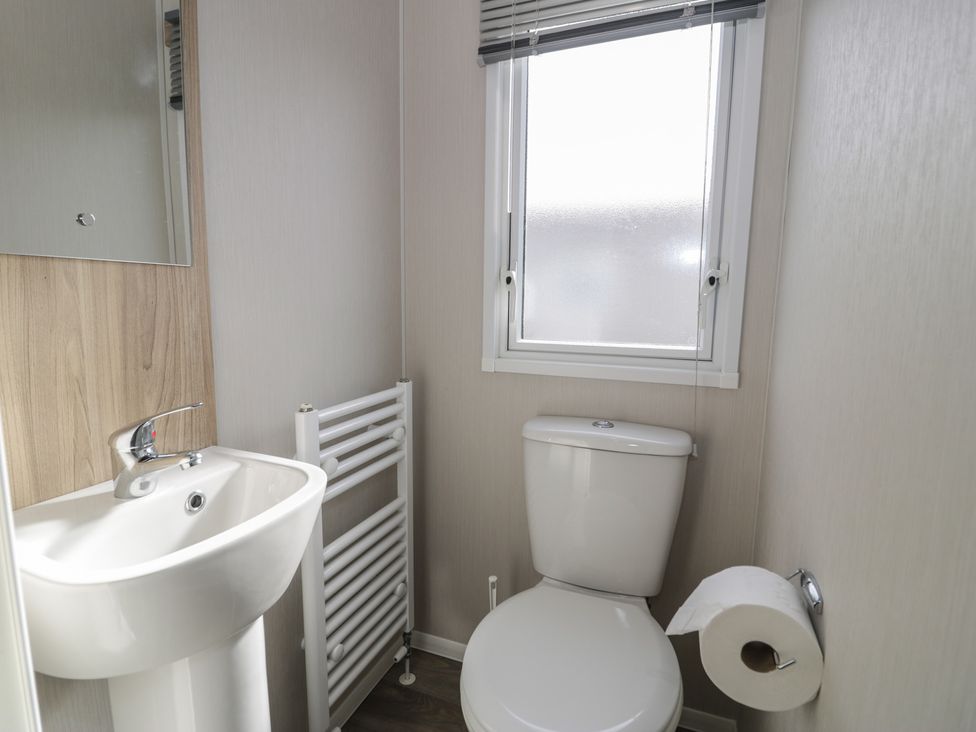 A bathroom with a sink, toilet, and towel rail at Gold Caravan (203) Talybont