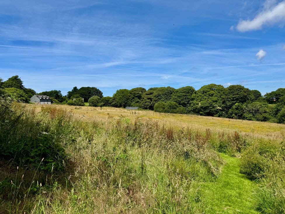A field with grass and trees and a building in the background at The Hayloft in Lostwithiel
