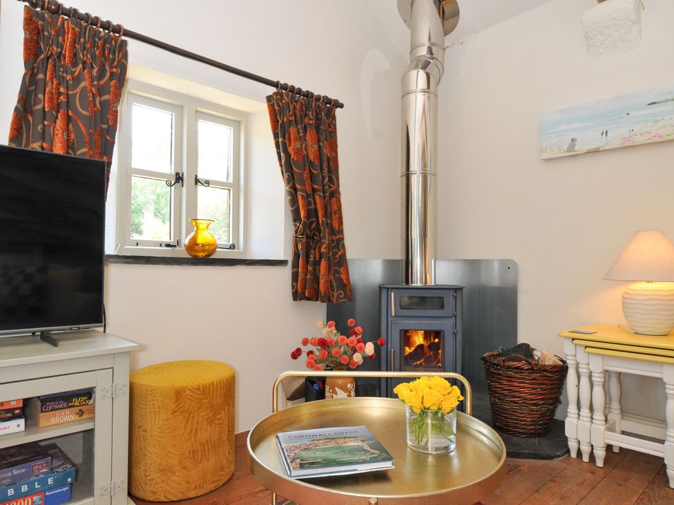 A living room with a stove and television at The Mill in Lostwithiel