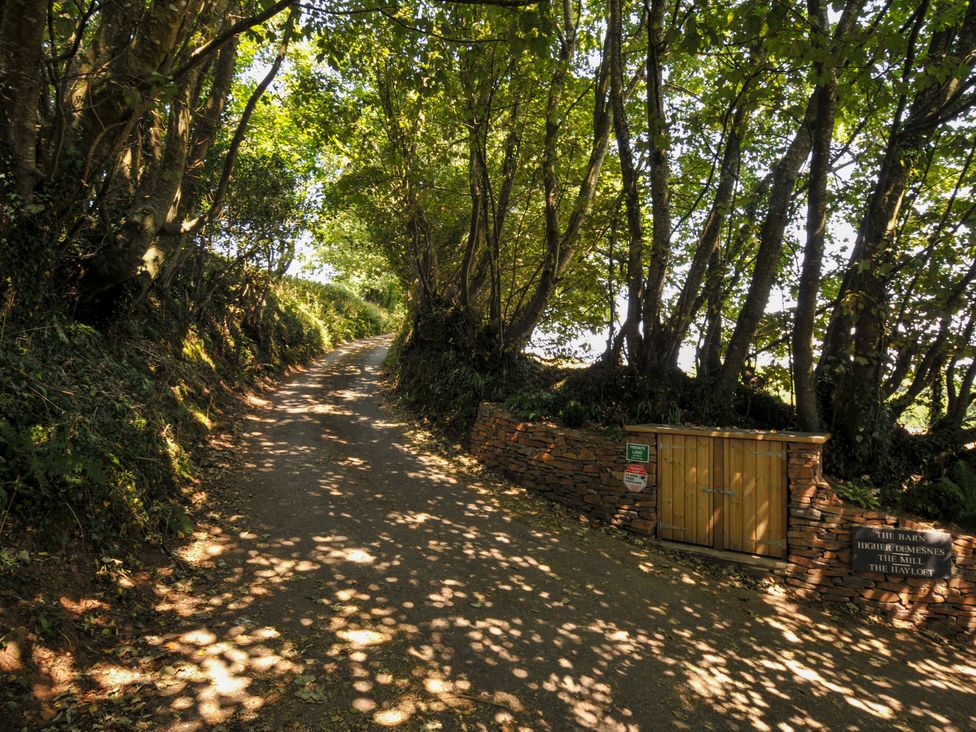 A pathway with trees and a wooden gate at The Mill in Lostwithiel