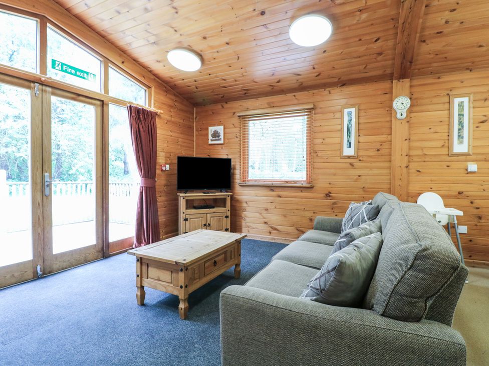 A living room with wooden walls a gray sofa wooden coffee table TV on cabinet and large glass doors at Oak Lodge in Rosliston